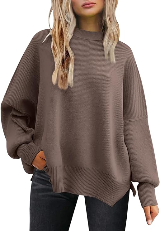 Women's Crewneck Batwing Long Sleeve Sweaters 2024 Fall Oversized Ribbed Knit Side Slit Pullover Tops