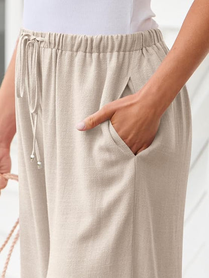 Women's Linen Summer Palazzo Pants Flowy Wide Leg Beach Pants with Pockets