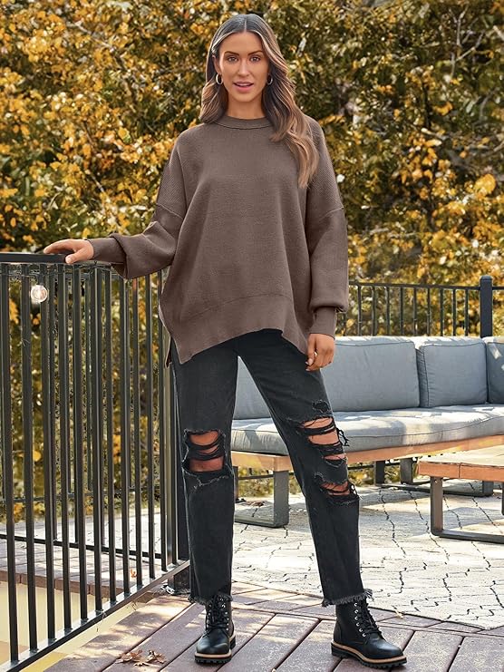 Women's Crewneck Batwing Long Sleeve Sweaters 2024 Fall Oversized Ribbed Knit Side Slit Pullover Tops